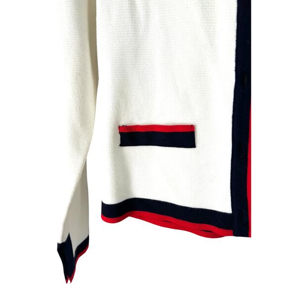 ZARA S Knit Pearl Cardigan V White Stripe-Trim Red Blue Sweater Cropped Classic - Picture 6 of 7